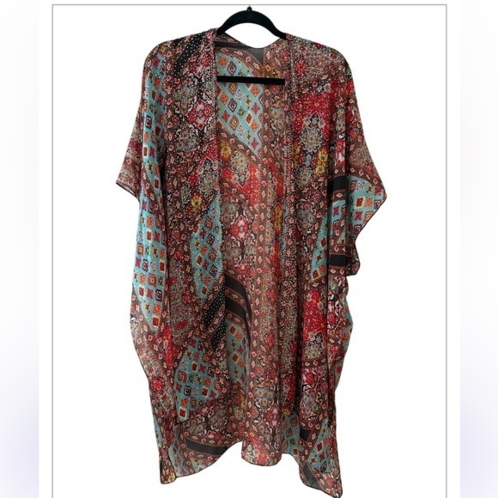 Jessica McClintock Coachella  Boho Print Embellished Kimono Cover Up